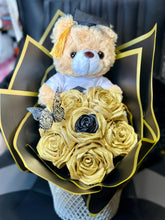 Load image into Gallery viewer, Graduation Forever Roses,Teddy Bear Plushie Eternal rose bouquet,forever roses, roses,forever flowers, satin ribbon.