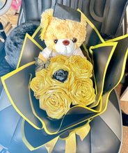 Load image into Gallery viewer, Graduation Forever Roses,Teddy Bear Plushie Eternal rose bouquet,forever roses, roses,forever flowers, satin ribbon.