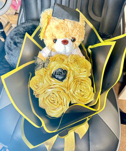 Graduation Forever Roses,Teddy Bear Plushie Eternal rose bouquet,forever roses, roses,forever flowers, satin ribbon.