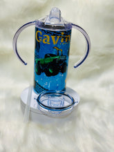 Load image into Gallery viewer, Personalized Monster Truck Kids Cup – Custom 12oz Sippy or Tumbler with Name, Colorful Tire Track Design, Gift for Boys or Toddlers