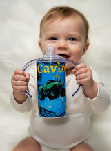 Load image into Gallery viewer, Personalized Monster Truck Kids Cup – Custom 12oz Sippy or Tumbler with Name, Colorful Tire Track Design, Gift for Boys or Toddlers