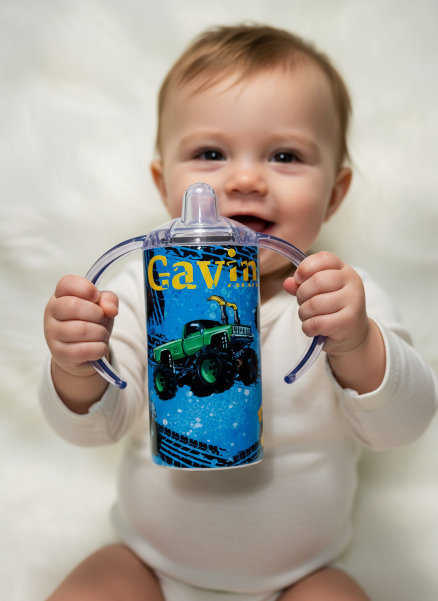 Personalized Monster Truck Kids Cup – Custom 12oz Sippy or Tumbler with Name, Colorful Tire Track Design, Gift for Boys or Toddlers