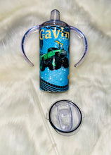 Load image into Gallery viewer, Personalized Monster Truck Kids Cup – Custom 12oz Sippy or Tumbler with Name, Colorful Tire Track Design, Gift for Boys or Toddlers