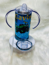 Load image into Gallery viewer, Personalized Monster Truck Kids Cup – Custom 12oz Sippy or Tumbler with Name, Colorful Tire Track Design, Gift for Boys or Toddlers