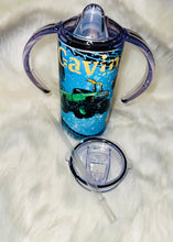 Load image into Gallery viewer, Personalized Monster Truck Kids Cup – Custom 12oz Sippy or Tumbler with Name, Colorful Tire Track Design, Gift for Boys or Toddlers