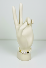 Load image into Gallery viewer, Personalized Pearl Name Bracelet - Custom White &amp; Gold Stretch Beaded Bracelet- Dainty Letter Bracelet Gift