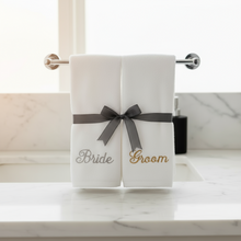 Load image into Gallery viewer, Bride and Groom Monogrammed bath towels.