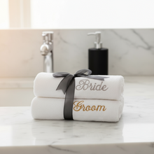 Load image into Gallery viewer, Bride and Groom Monogrammed bath towels.