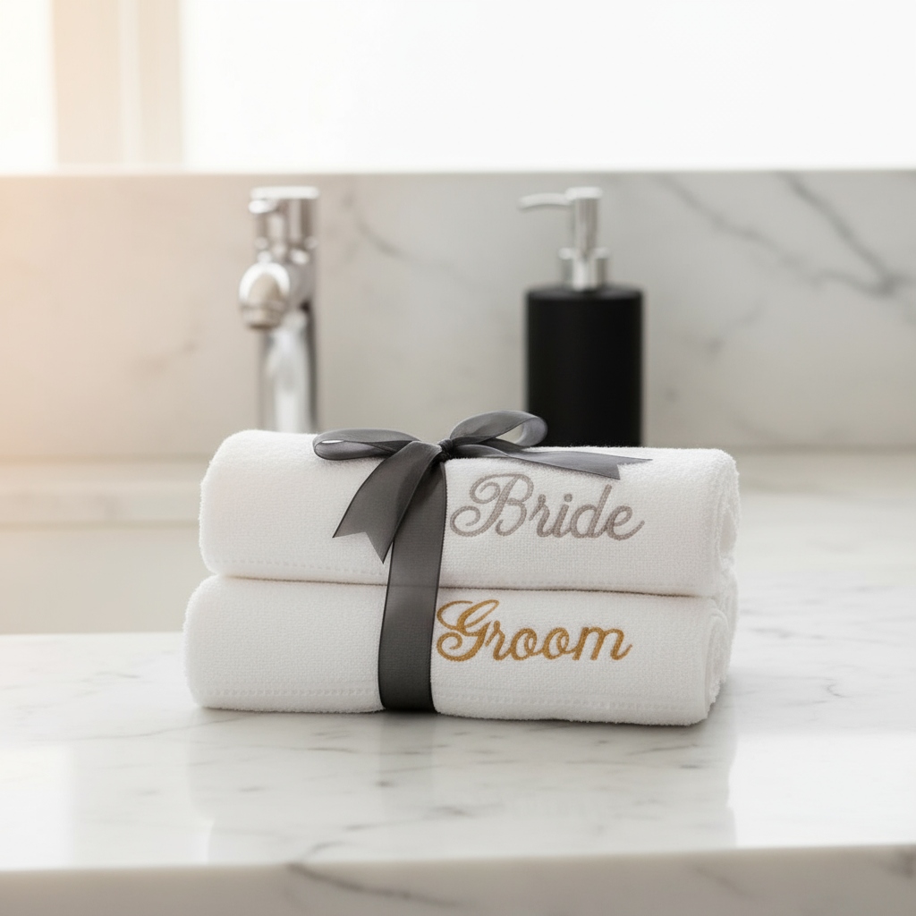 Bride and Groom Monogrammed bath towels.