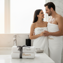 Load image into Gallery viewer, Bride and Groom Monogrammed bath towels.