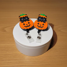 Load image into Gallery viewer, 3D Printed Halloween Cat Pumpkin badge reel: Playful Spooky Season Holder
