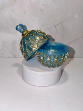 Load image into Gallery viewer, Blue Faberge Style Egg Trinket/ Jewelry Box Gold Tone Jewelry Keepsake Box Decorative Collectible Egg